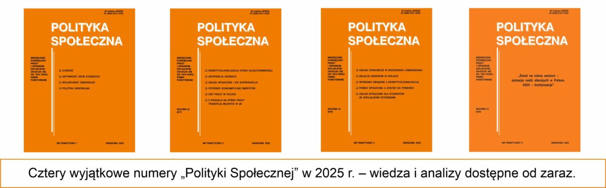cztery okładki tematyczne miesięcznika Polityka Społeczna
